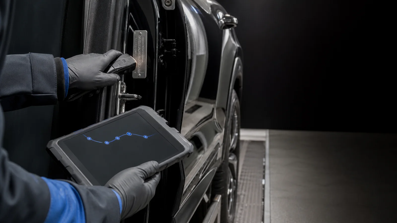 A tablet with vehicle data beside a car on a lot