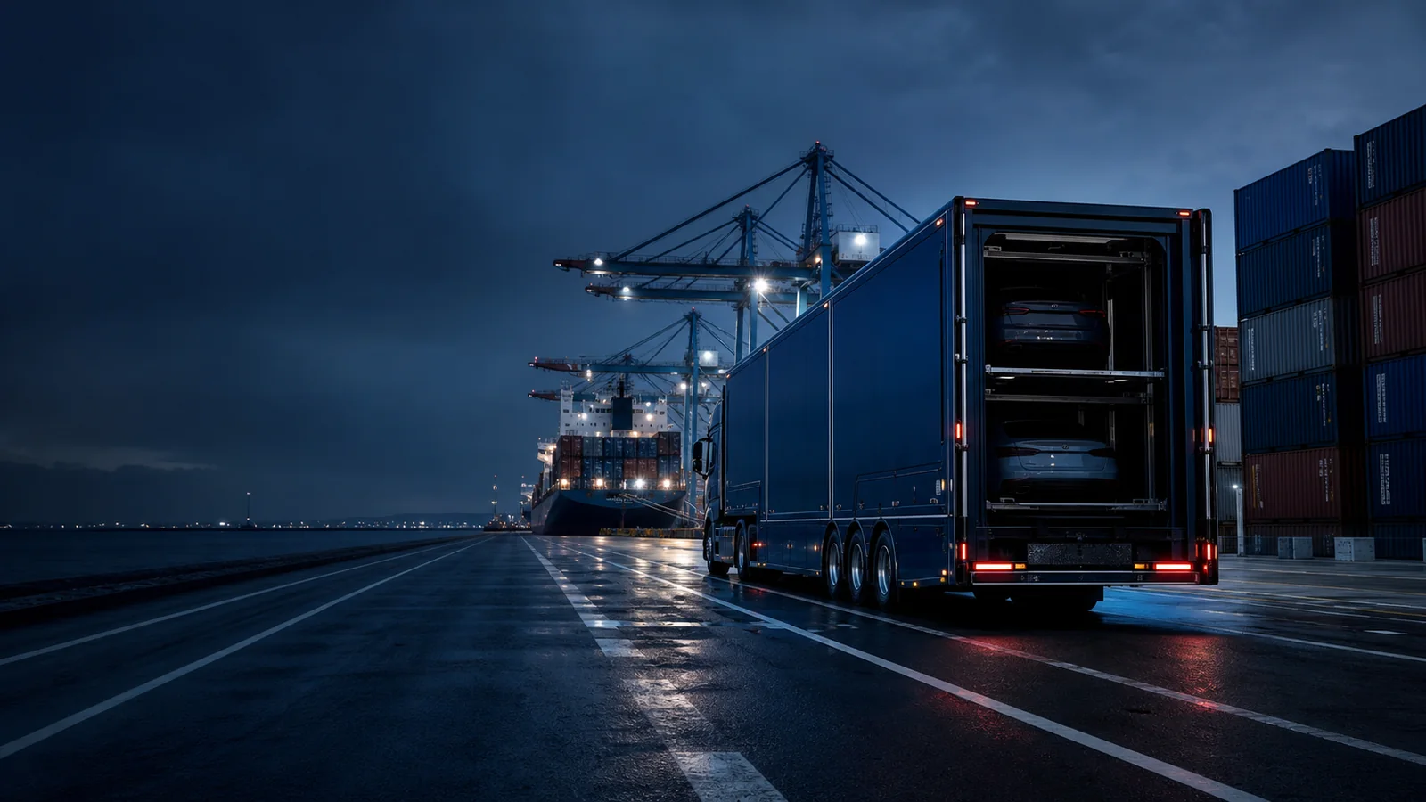 A loaded car transporter at a container port
