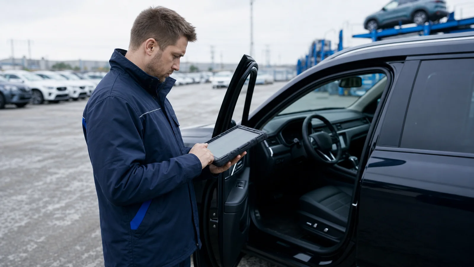 Inspection of a car before shipping: checking the body and writing down the data