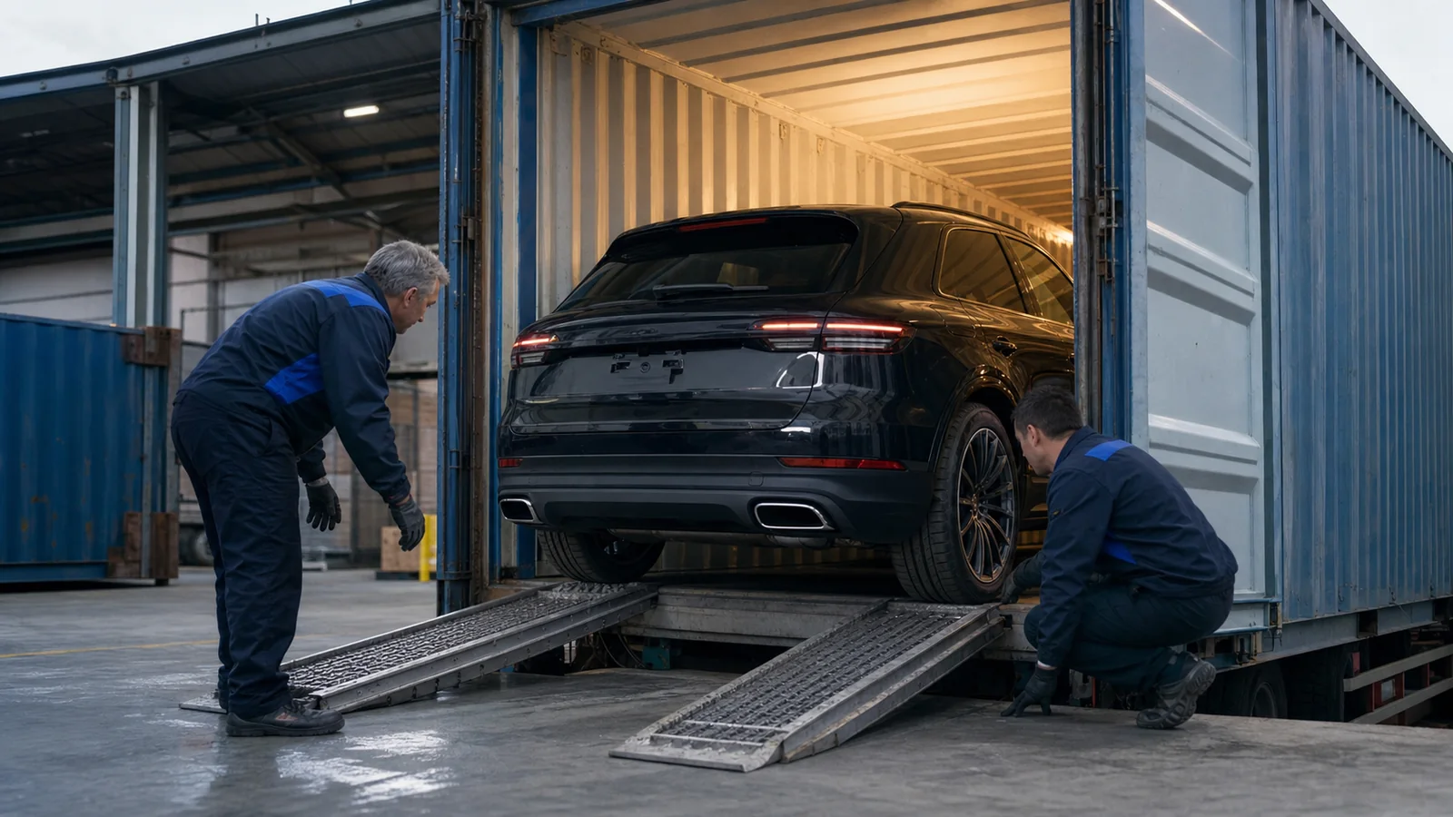 A car being loaded into a shipping container