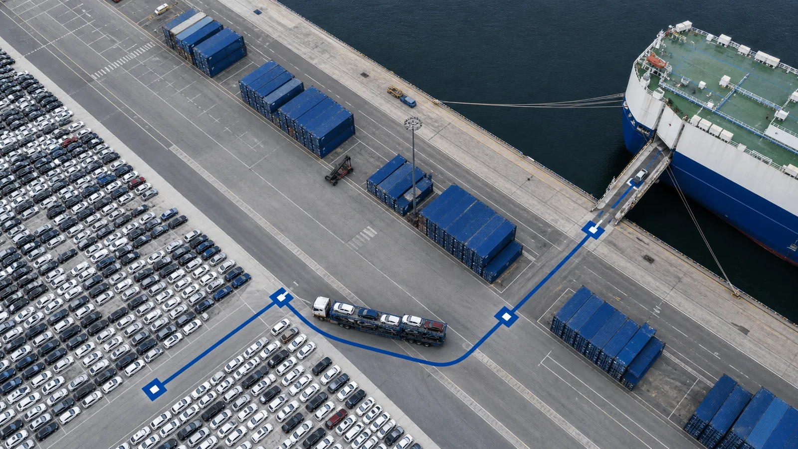 Top-down view of a vehicle terminal and the route from the yard to the ship