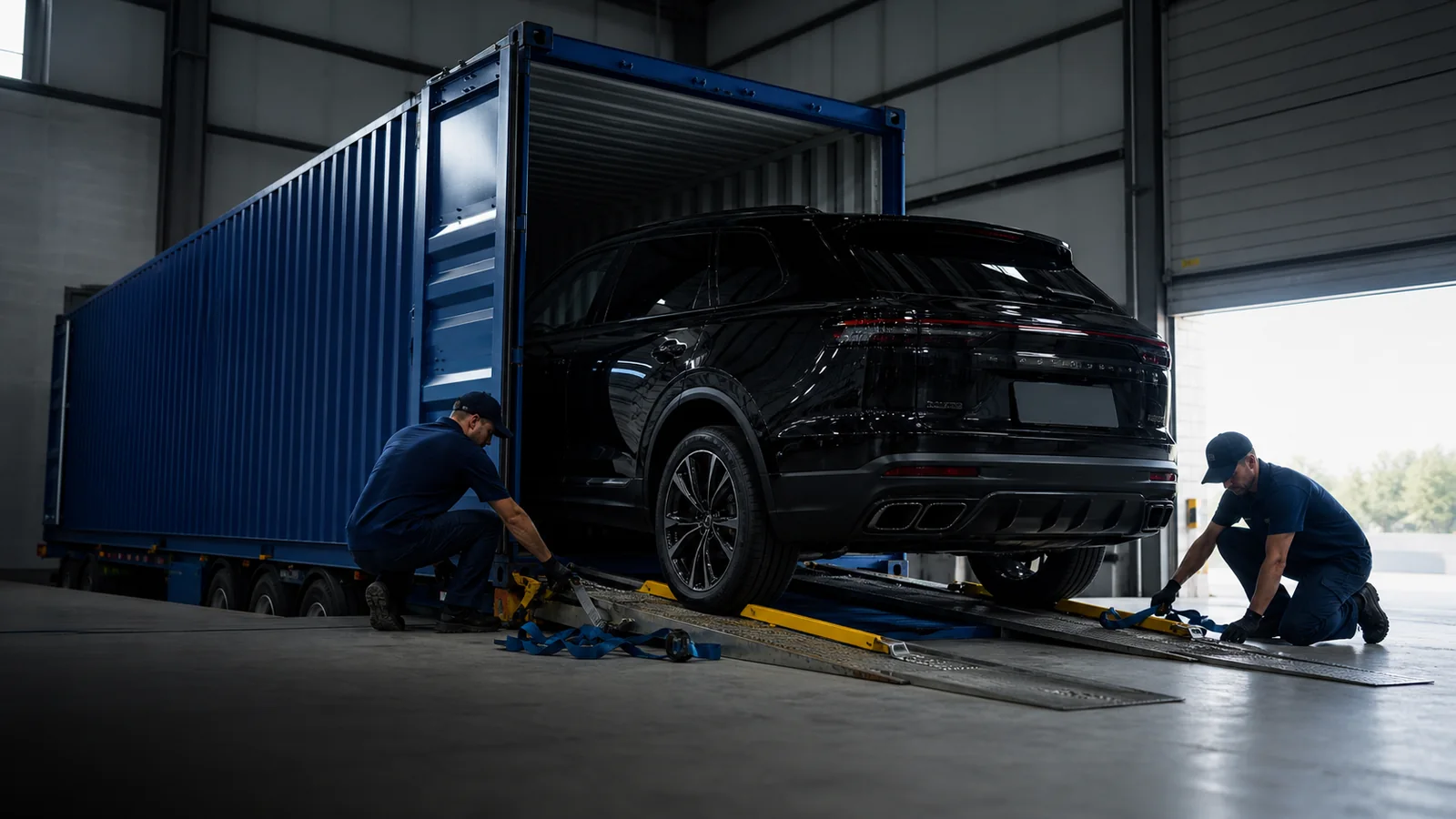 Specialists secure a vehicle before loading it into a blue container