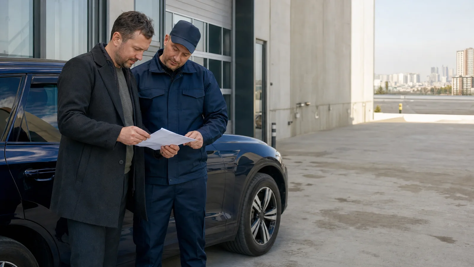 People with documents beside a car on a lot